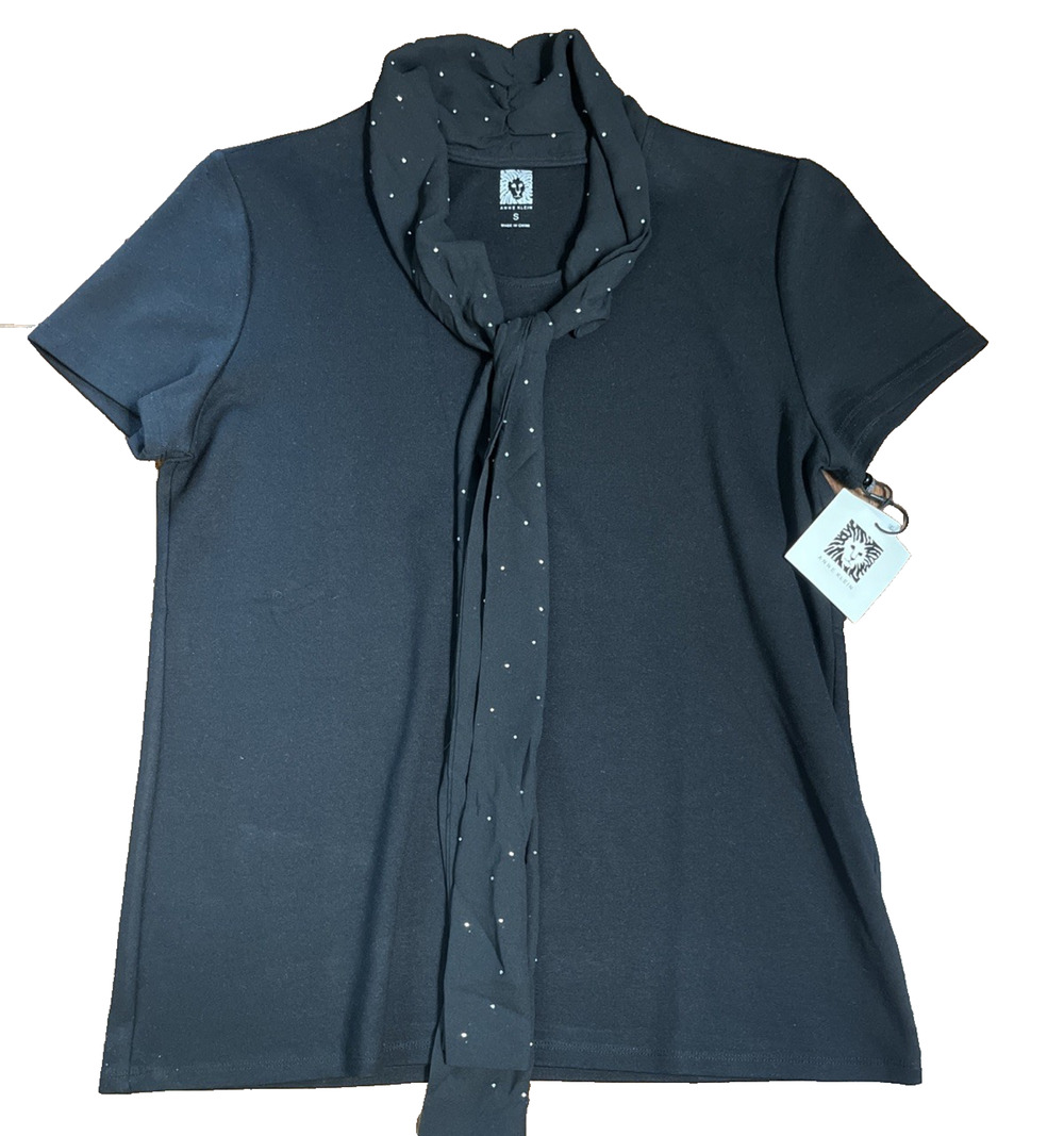 Anne Klien Women's Soild Black Top Short Sleeve Small with Sequence Necktie NWT